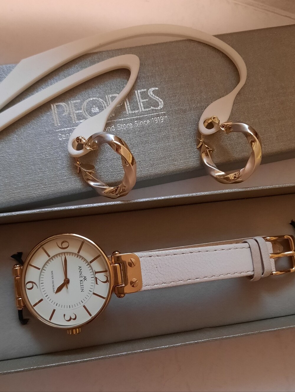 Genuine Anne Klein Rose Gold White Leather Strap Watch & Tri-tone Hoop Earrings